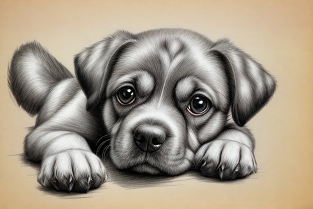 Close-up face cute puppy sleep rest on the floor. Sketch style art of a dog portrait. Generative Ai illustration.の素材