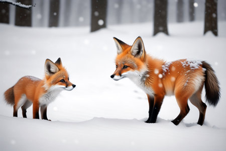 Cute two red fox on snow in the winter time. generative ai.の素材