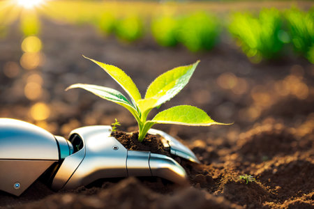 Environmental technology concept. Robot hand planting small plant with environment background. Artificial Intelligence and Technology ecology. Green technology and Environmental technology. generative ai.の素材