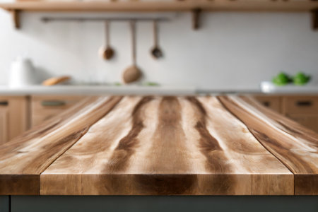 Selective focus, Wood table top on blur kitchen counter (room) background. For montage product display. generative ai.の素材