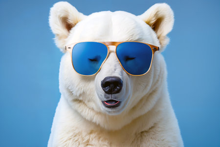 Portrait of polar bear wearing sunglasses close-up. The most dangerous animal of the Arctic region. generative ai.の素材