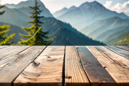 Selective focus, Wood table top on soft focus peak of mountain background. For montage product display. generative ai.の素材