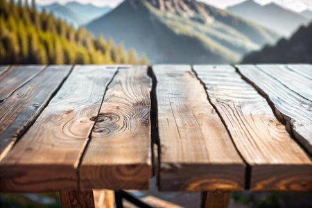 Selective focus, Wood table top on soft focus peak of mountain background. For montage product display. generative ai.の素材