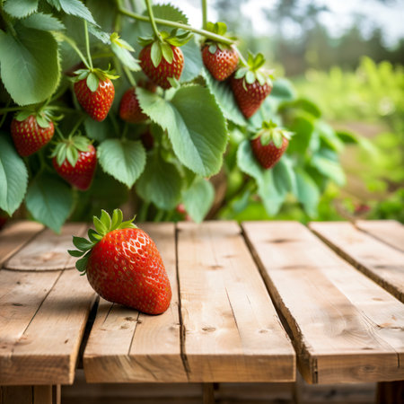 Selective focus, Wood table top on soft focus strawberry plant background. For montage product display. generative ai.の素材