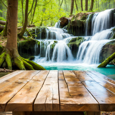 Selective focus, Wood table top on soft focus waterfall in forest background. For montage product display. generative ai.の素材