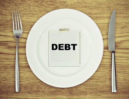 debt paper on dish (meal for bankrupt person)