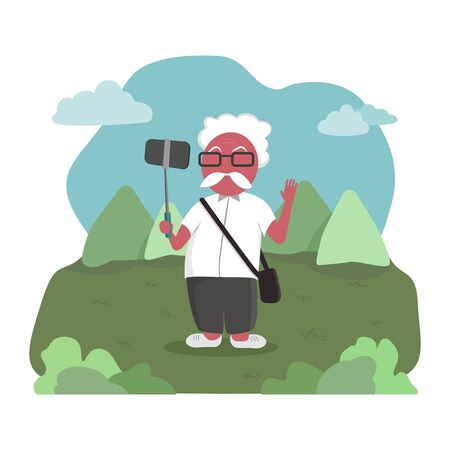 selfie senior. old man travel and taking video vlog with smartphoneのイラスト素材