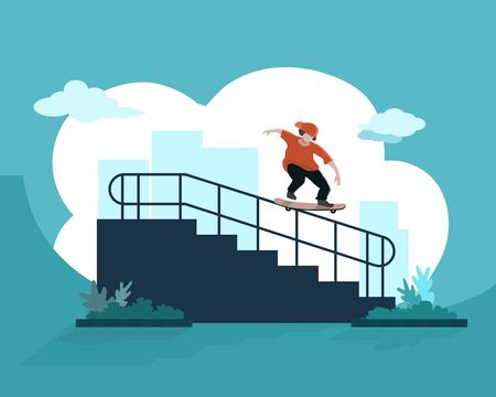 teenage street skateboarder jumping on the railing. vector illustrationのイラスト素材