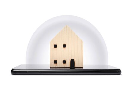 online security issues of working or learning from home. be aware of the security risk of using a smartphone for business or study remotely while staying at home. shelter in place concept.の写真素材