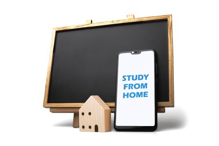 learn and teach from home. schools encourage study from home with remote learning due to pandemic. online education and distance learning concept. smartphone with blackboard and house model on white.の写真素材