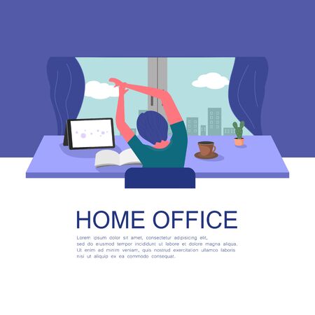 a man sitting at a desk stretching out to relieve back and shoulder pains due to the office syndrome in the home office. concept of work from home during coronavirus pandemic.のイラスト素材