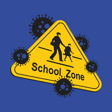 children must go back to school during the pandemic. the risk to return to school after lockdown. preventing the coronavirus by wearing a face mask and keep physical distancing. school zone sign.のイラスト素材