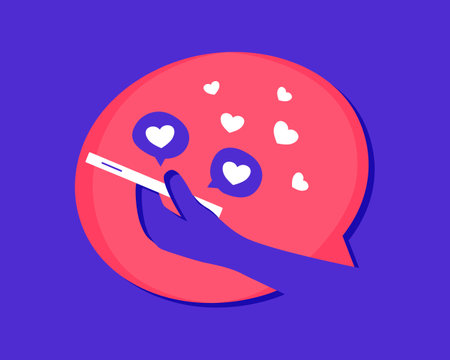 Sending love online. Heart symbol on social media. Share positive messages on mobile phones. Communication and relationship concept. Smartphone and emoji speech bubbles.のイラスト素材