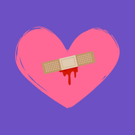 Heart injury and pain. Red blood from a wound under a bandage. Broken heart or depression concept. Sad and unhappy feelings. Cure for love hurt and divorce.のイラスト素材
