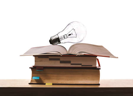Light bulbs on the stack of books. Concept of learning, skill enhancement, and academic excellence. Education research. Power of knowledge and wisdom. Creative Idea and studying.の写真素材