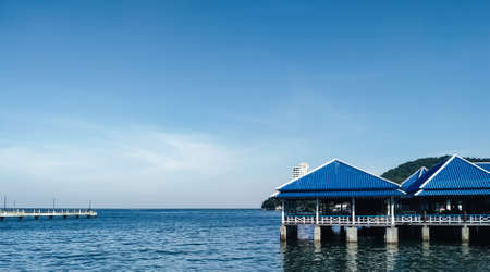 Laemtan Bangsan beach viewpoint. Khao Sammuk coast in Chonburi province of Thailand. There is a bridge and a pavilion to sit and enjoy. Nature landscape background.の写真素材