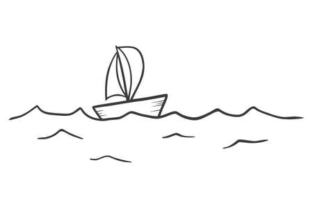A sailboat sails through the waves in the sea. Simple art line design. Ship in the ocean. Vector illustration. Adventure travel. The concept of striving to overcome obstacles.のイラスト素材