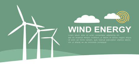 Wind turbine generator illustration banner. Wind power to generate electricity. Low carbon power to limit climate change. The renewable and clean energy source for sustainable development.のイラスト素材