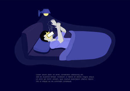Scrolling on the phone during lying in bed. When you are tired and sleepy at night but continue to use your smartphone. The mobile dropped on the face. Internet addiction and bad sleeping habits.のイラスト素材
