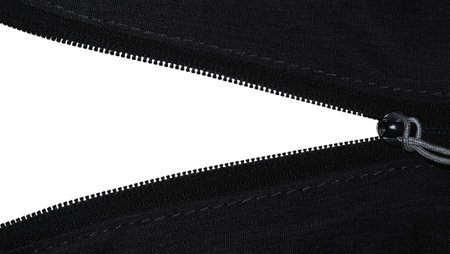 Open or close the zipper. The concept of revealed or concealed. A backpack with a black zip that reveals white space background for messages. Unzip the secret.の写真素材