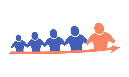 Following the leader. Leadership of group. Go ahead and success together. Vision of boss and ceo. Teamwork mission support. Best role model. Influencer and follower. Professional team manager.のイラスト素材