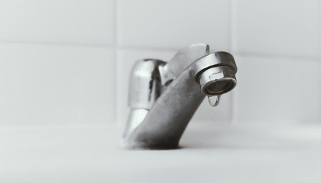 Water droplets from the sink faucet. Leaking tap water. Save water resources. Home care and repair. Household plumbing.の写真素材