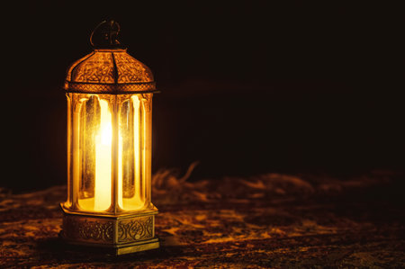 Light of the lantern on the carpet at night. The night of ramadan month. Islamic background. Ramadan mubarak.の写真素材