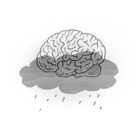 Fatigue symptom of depression. Cerebrum with raincloud illustration. Mental health therapy concept. Thinking hard brain tired. Nervous system and psychologyの写真素材