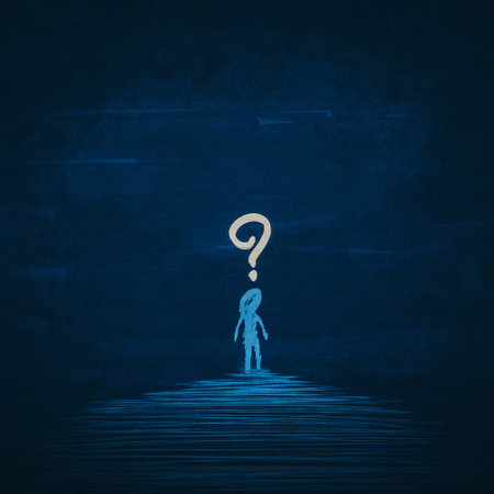A person with question mark on prussian blue background. The concept of asking questions to find a solution and answer. The dark way ahead is uncertain. Doubt and confusion.の写真素材