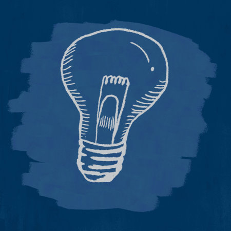 Doodle light bulb drawing on prussian blue background. Symbolic lines of creativity and knowledge of innovation. Electrical energy concept.の写真素材