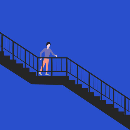 Walk down the stairs. Step down carefully. Abstract concept of recession or decline. Toward a lower position.のイラスト素材