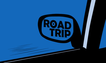 Car side mirror. Road trip illustration concept. Way of traveller. Vacation trip.のイラスト素材