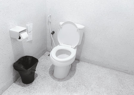 White toilet bowl in bathroom corner. Toilet paper with sanitary bag and trash can. Clean toilet seat.の写真素材