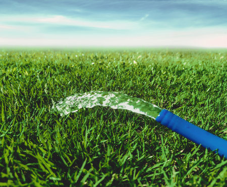 Watering hose on green grass. Lawn care and garden during summer.の写真素材