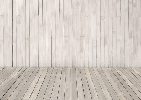 A room with a wooden floor and walls as a backdrop. Interior pattern of wood panel background. Decorating indoor space.の写真素材