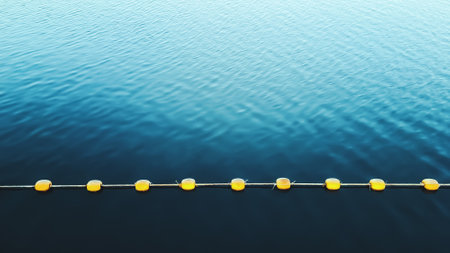 Tiny boundary buoy. Line buoy. Yellow polyurethane plastic floating with rope for zoning water.の写真素材