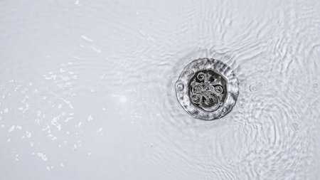 Slow water drain. Household plumbing problem. Water draining down slowly in tub. Bath cleaning.の写真素材