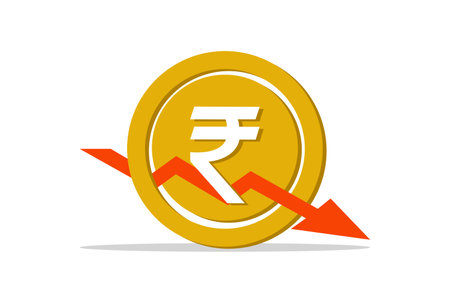 Indian rupee currency declined. Gold coin and arrow low down symbol. Money exchange and investment. Economic and financial.のイラスト素材