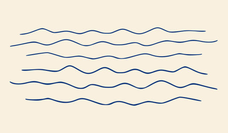 Sea waves doodle. Hand drawn wavy ripple. Blue ocean illustration. Minimal graphic design. River scribble symbol.のイラスト素材