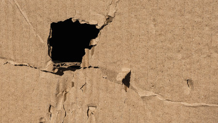 The parcel box is damaged. Torn hole of brown paper carton.の写真素材