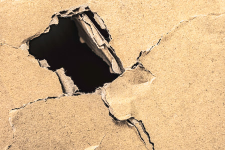 The parcel box is damaged. Torn hole of brown paper carton.の写真素材