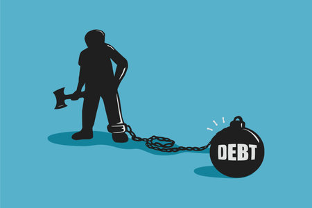 The man with the axe is ready to cut the chain of the heavy metal ball. The concept of free from debt.のイラスト素材