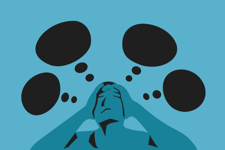 Worry and overthinking. Stress about trouble. Anxiety and mental health. Unhappy expression.のイラスト素材