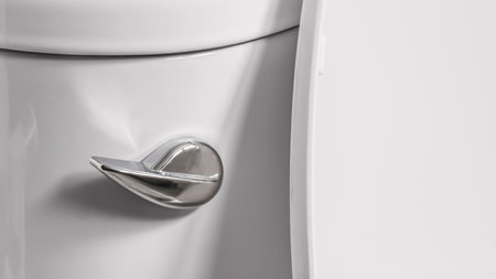Close up handle of flush toilet. Press for cleaning and hygiene.の写真素材
