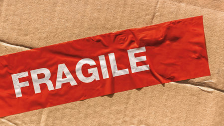 Fragile warning on parcel box. Red adhesive tape on paper cardboard package.の写真素材