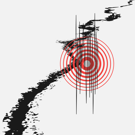 Earthquake alert. Disaster risk warning areas. Aftershock magnitude. Fault line.のイラスト素材
