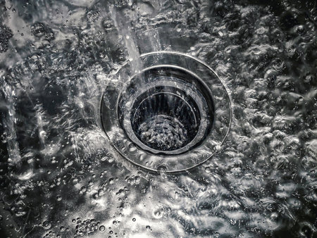 Water splash down on chrome stainless steel kitchen drain sink. Household plumbing. Cleaning and hygiene concept.の写真素材