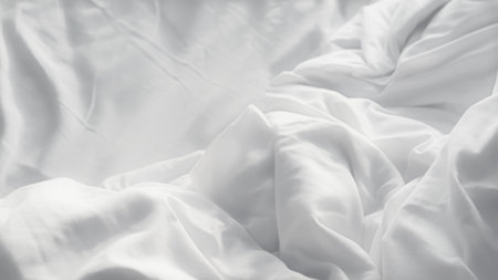 Soft white wrinkled duvet bed sheet texture, minimal background for comfort, cleanliness, and relaxation concept in morning bedroomの写真素材