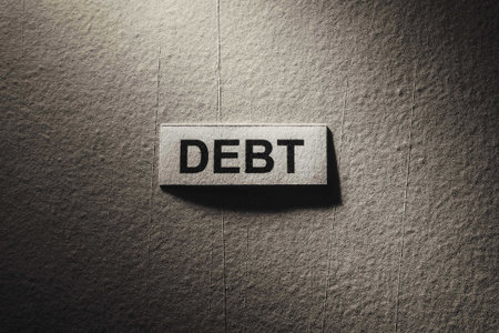 word âDEBTâ on a textured paper surface with dramatic lighting. Dark shadows convey financial stress, economic burden, and money problems.の写真素材