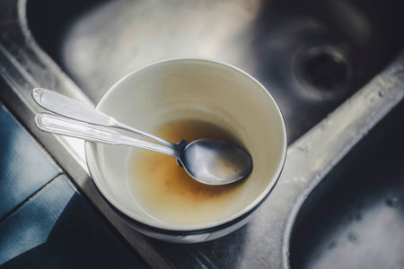 Bowl with leftover soup and utensils placed in a kitchen sink. Concepts such as household chores, cleaning, kitchen routine, or daily life.の写真素材